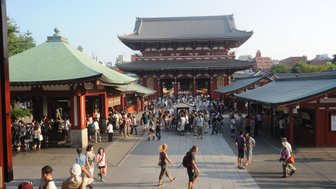 Eine belebte Szene vor dem Senso-ji Tempel in Asakusa, Tokio, mit vielen Besuchern und traditioneller Architektur.