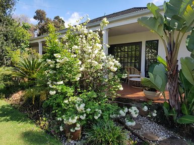 Ein üppiger Garten mit blühenden Sträuchern und einer einladenden Terrasse, die zum Entspannen einlädt.
