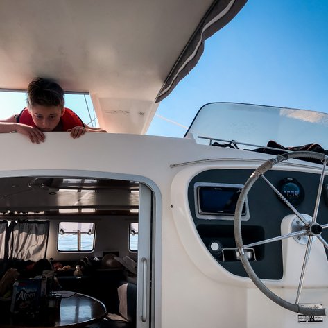 Ein Junge mit einer Rettungsweste lehnt über die Reling eines Segelboots und schaut neugierig nach draußen.