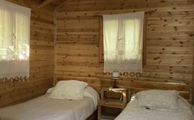 Ein gemütliches Zimmer mit zwei Einzelbetten, Holzvertäfelung und einem bunten Teppich auf dem Boden.