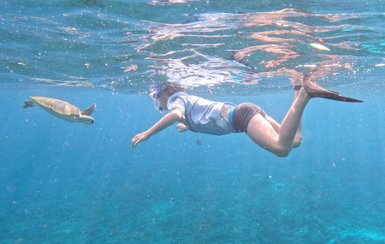Kind schnorchelt und sieht eine Schildkröte unter Wasser – Bali Familienreise