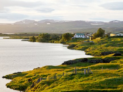 Eine ruhige Landschaft am Myvatn-See, umgeben von sanften Hügeln und grünen Wiesen, unter einem bewölkten Himmel.
