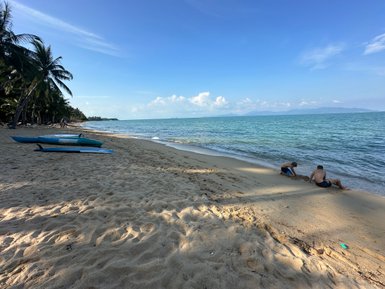 Zwei Jungen spielen am Strand, während sanfte Wellen an den Ufer schlagen und Palmen im Hintergrund stehen.