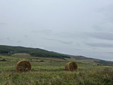 Zwei große Heuballen stehen in einer weitläufigen, grünen Landschaft unter einem bewölkten Himmel.