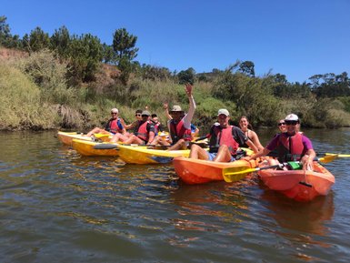 Eine Gruppe von sechs Personen paddelt fröhlich in bunten Kajaks auf einem ruhigen Gewässer unter strahlend blauem Himmel.