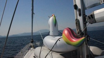 Ein auf einem Segelboot liegendes aufblasbares Einhorn und ein farbenfrohes Schwimmspielzeug vor einer ruhigen Wasseroberfläche.