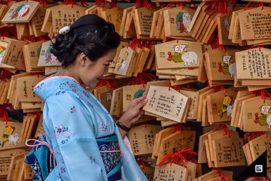 Eine Frau in einem Kimono betrachtet sorgfältig hölzerne Tafeln mit Wünschen und Zeichnungen in einem Tempel in Kyoto.