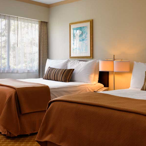Zwei komfortable Betten mit orangefarbenen Überwürfen in einem hellen, einladenden Hotelzimmer mit Fenster.