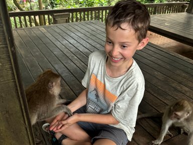 Kind interagiert mit Affe im Sacred Monkey Forest Sanctuary – Bali mit Kindern