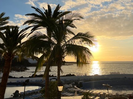 Die Sonne geht über dem Meer unter, während Palmen sanft im Wind wiegen und die Wolken den Himmel schmücken.