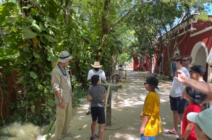 Kinder beobachten die Verarbeitung von Sisalfasern mit traditionellen Maschinen auf der Hacienda Sotuta de Peón – Mexiko Familienreise