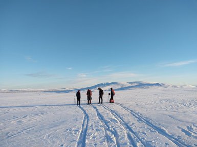 Vier Personen stehen auf einer schneebedeckten Fläche und betrachten die weite, unberührte Winterlandschaft unter einem blauen Himmel.