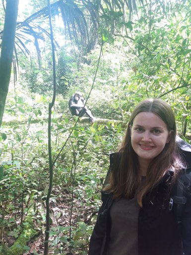 Eine Frau steht im Kibale Nationalpark, während ein Schimpanse im Hintergrund entspannt auf einem Ast sitzt.