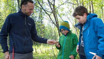 Ein Guide erklärt zwei Jungen die Natur