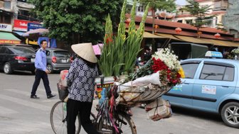 Eine Frau mit einem traditionellen conical Hut fährt mit ihrem Fahrrad, beladen mit bunten Blumen, durch eine belebte Straße.