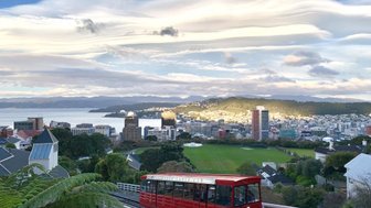 Eine rote Standseilbahn fährt durch eine grüne Landschaft mit Blick auf die Stadt Wellington und das Meer im Hintergrund.