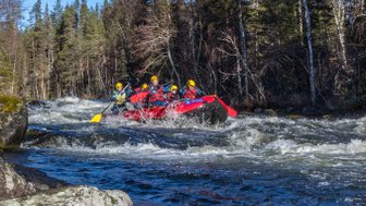Eine Gruppe von vier Personen paddelt in einem roten Raft durch einen reißenden Fluss, umgeben von grünen Bäumen.