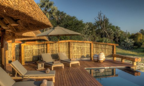 Eine entspannende Terrasse mit Liegen, einem Sonnenschirm und einem Pool, umgeben von üppiger Natur in Botswana.