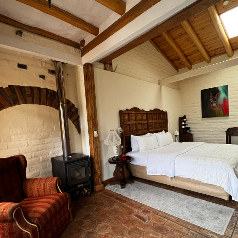 Ein gemütliches Zimmer mit einem großen Bett, einem roten Sessel und einem rustikalen Kamin in einem charmanten Ambiente.