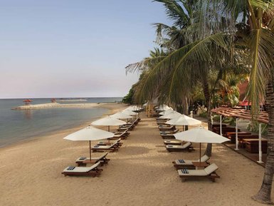 Ein ruhiger Strand mit Liegen und Sonnenschirmen, umgeben von Palmen und einem klaren blauen Himmel über dem Wasser.