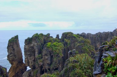 Die beeindruckenden Pancake Rocks in Punakaiki erheben sich majestätisch über dem ruhigen Ozean, umgeben von üppigem Grün.