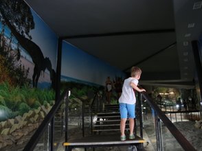 Ein kleiner Junge steht auf einer Treppe und schaut neugierig auf die Wandmalerei eines Dinosauriers im Hintergrund.