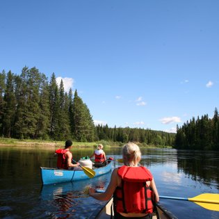 Drei Personen im Kanu paddeln auf einem ruhigen Fluss, umgeben von dichten, grünen Wäldern und klarem blauen Himmel.