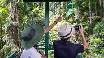 Zwei Frauen mit Hüten sitzen in einer Seilbahn und genießen die spektakuläre Aussicht auf den üppigen Dschungel.