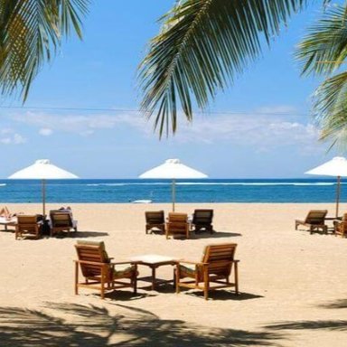 Ein sonniger Strand mit Liegen und Sonnenschirmen, umgeben von Palmen und dem klaren blauen Wasser des Ozeans.