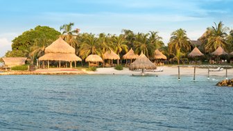 Ein ruhiger Strand mit mehreren Strohhütten, umgeben von üppigen Palmen und klarem Wasser, ideal für Entspannung.
