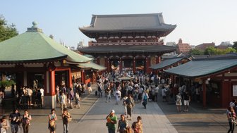 Eine belebte Straße vor dem Senso-ji Tempel in Asakusa, Tokio, mit vielen Besuchern und traditioneller Architektur.
