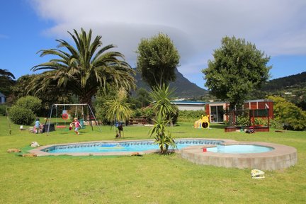 Ein sonniger Garten mit einem Pool, umgeben von Palmen und Spielgeräten, während Kinder fröhlich spielen.