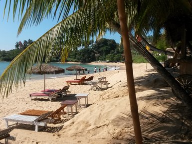 Sonnenliegen stehen im Schatten tropischer Palmen – Sri Lanka Familienreise