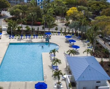 Ein weitläufiger Pool umgeben von Palmen und blauen Liegen, ideal für Entspannung und Erholung unter der Sonne.