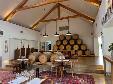 Gemütlicher Verkostungsraum mit Weingläsern und Fässern