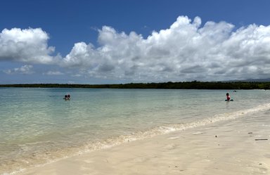 Zwei Kinder spielen im flachen Wasser eines ruhigen Strandes, umgeben von sanften Wellen und einer malerischen Landschaft.