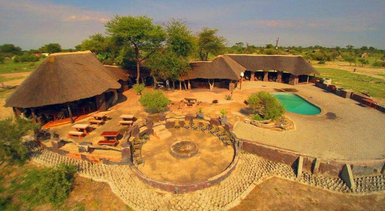 Eine luftige Ansicht des Elephant Sands Lodges in Botswana, umgeben von Bäumen und einer einladenden Poollandschaft.