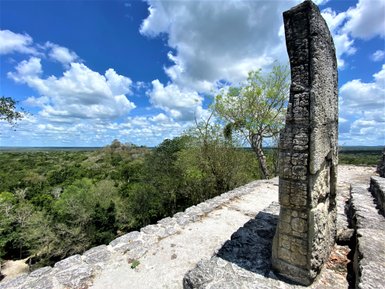 Verzierter Steinblock mit Maya-Gravur eingebettet im grünen Regenwald – Mexiko Reise mit Kindern