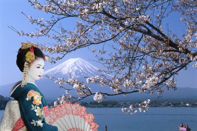 Eine Geisha in traditioneller Kleidung steht vor dem majestätischen Fuji, umgeben von blühenden Kirschbäumen.