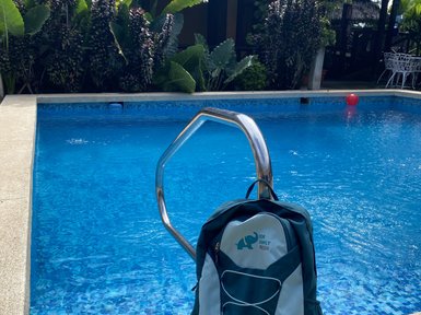 Ein blauer Swimmingpool mit glitzerndem Wasser, umgeben von grünen Pflanzen und einem Rucksack am Beckenrand.