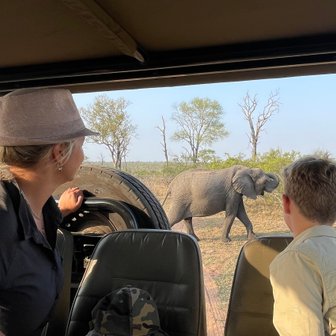 Mutter und Kind beobachten aufmerksam einen Elefanten aus dem offenen Safari-Jeep – Südafrika Reise mit Kindern