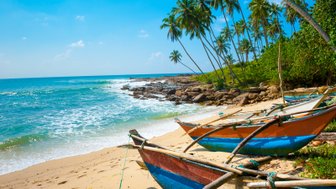 Sandstrand mit Booten neben dem klaren Wasser und Palmen im Hintergrund – Sri Lanka mit Kindern