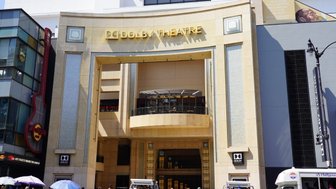 Der Eingang zum Dolby Theatre in Hollywood, umgeben von Menschen und bunten Verkaufsständen, strahlt ein lebhaftes Ambiente aus.