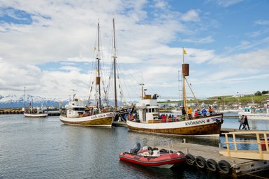 Zwei traditionelle Boote liegen im Hafen von Húsavík, umgeben von schneebedeckten Bergen und einem klaren blauen Himmel.