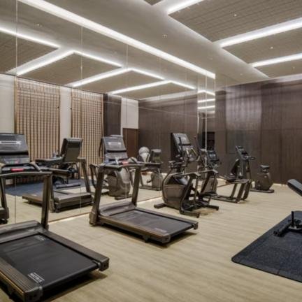 Ein moderner Fitnessraum mit Laufbändern und Kraftgeräten, umgeben von eleganten Holzverkleidungen und Spiegeln.