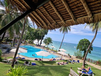 Ein einladender Poolbereich mit Sonnenschirmen und Liegen, umgeben von Palmen und Blick auf das Meer.