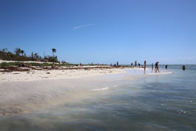 Ein sonniger Strand in den Florida Keys, wo Menschen im Wasser stehen und andere am Ufer entspannen.