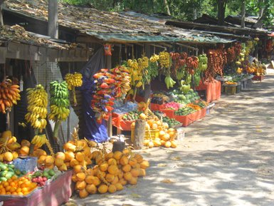 Farbenfroher Marktstand mit Früchten auf dem Basar in Kandy – Sri Lanka Familienreise