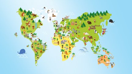 Eine bunte Weltkarte zeigt verschiedene Tiere und Menschen in ihren typischen Umgebungen, von Wäldern bis zu Stränden.