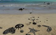 Am Strand sind kunstvoll angeordnete Steine zu sehen, die eine Schildkröte und einen Stern darstellen, umgeben von sanften Wellen.